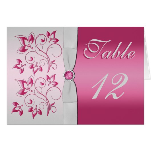 Silver en Pink Floral Table Number Card (Voorkant Horizontaal)