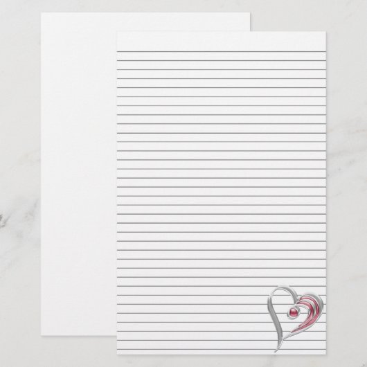 Silver en Red Heart Stationery met optionele lijne Briefpapier (Voorkant / Achterkant)