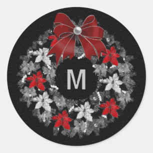 Silver en Red Holiday Wreater met monogram Ronde Sticker