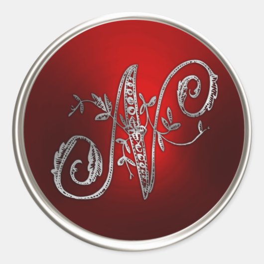 Silver- en Red Monogram N Envelope Seal Ronde Sticker (Voorkant)