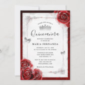 Silver en Red Rose Elegant Quinceanera Kaart (Voorkant)