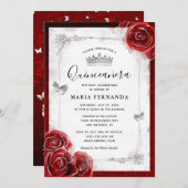 Silver en Red Rose Elegant Quinceanera Kaart (Voorkant / Achterkant)