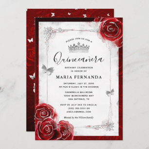 Silver en Red Rose Elegant Quinceanera Kaart