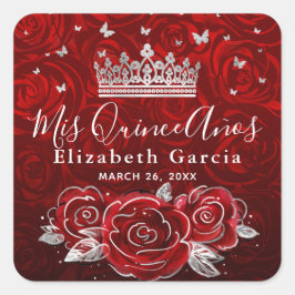 Silver en Red Rose Elegant Sjabloon Square Sticke Vierkante Sticker
