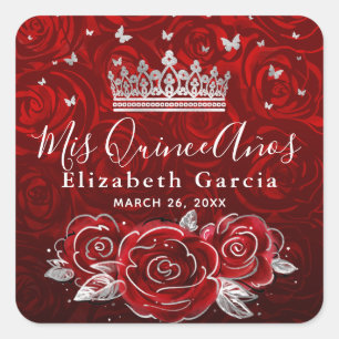 Silver en Red Rose Elegant Sjabloon Square Sticke Vierkante Sticker