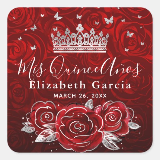 Silver en Red Rose Elegant Sjabloon Square Sticke Vierkante Sticker (Voorkant)