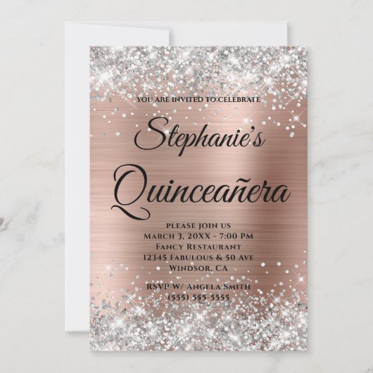 Silver en Roos Gold Fancy Monogram Quinceañera Kaart (Voorkant)