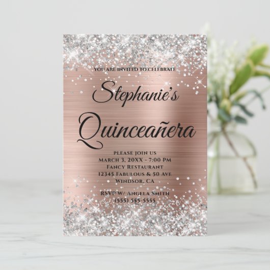 Silver en Roos Gold Fancy Monogram Quinceañera Kaart (Staand voorkant)