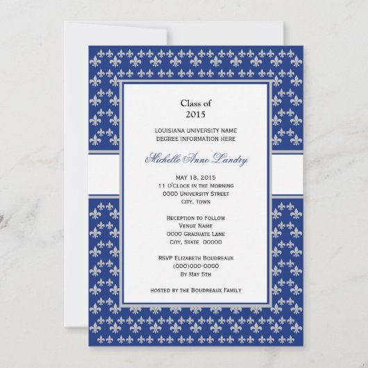 Silver en Royal Blue Fleur de Lis Afstuderen Kaart (Voorkant)