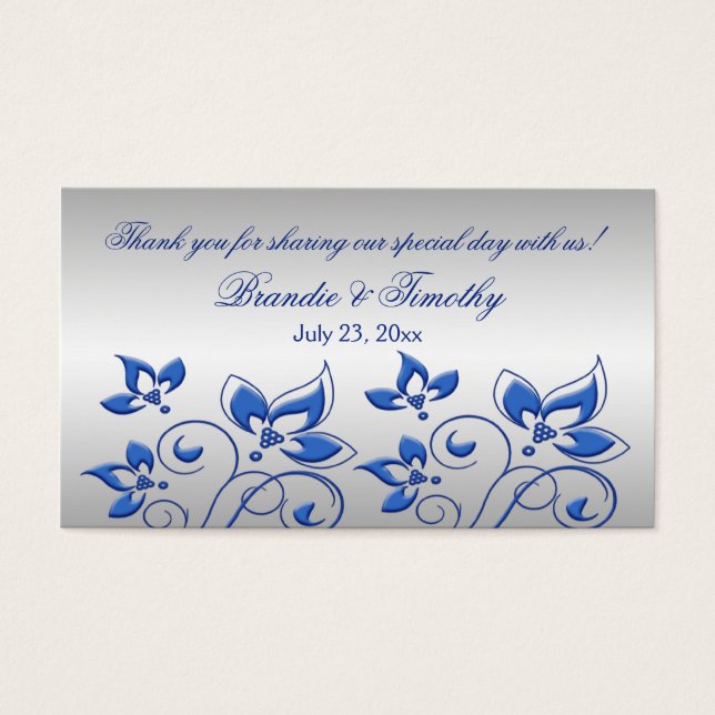 Silver en Royal Blue Floral bruiloft gunst Label Visitekaartjes (Voorkant)