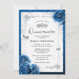 Silver en Royal Blue Rozen Elegant Quinceanera Kaart