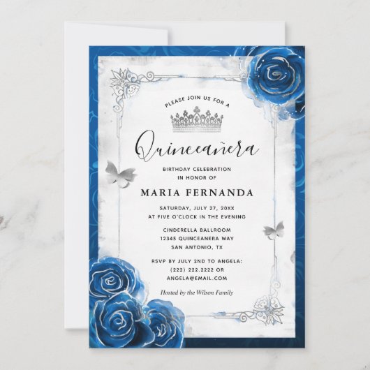Silver en Royal Blue Rozen Elegant Quinceanera Kaart (Voorkant)