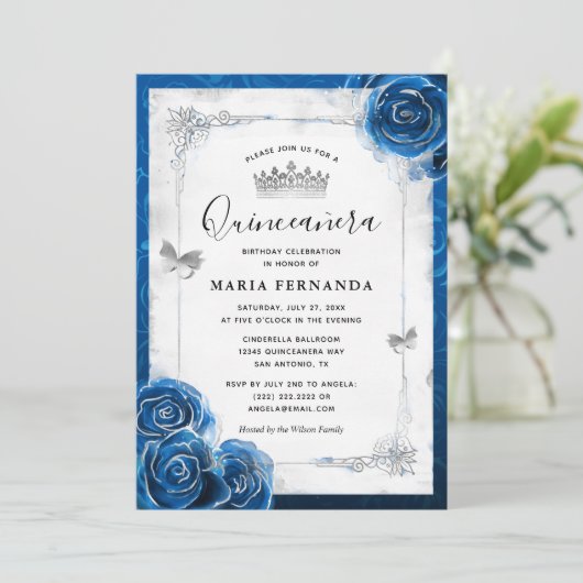 Silver en Royal Blue Rozen Elegant Quinceanera Kaart (Staand voorkant)