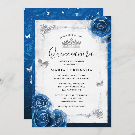 Silver en Royal Blue Rozen Elegant Quinceanera Kaart (Voorkant / Achterkant)