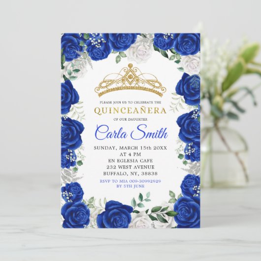 Silver en Royal Blue Rozen Quinceañera Uitnodiging (Staand voorkant)