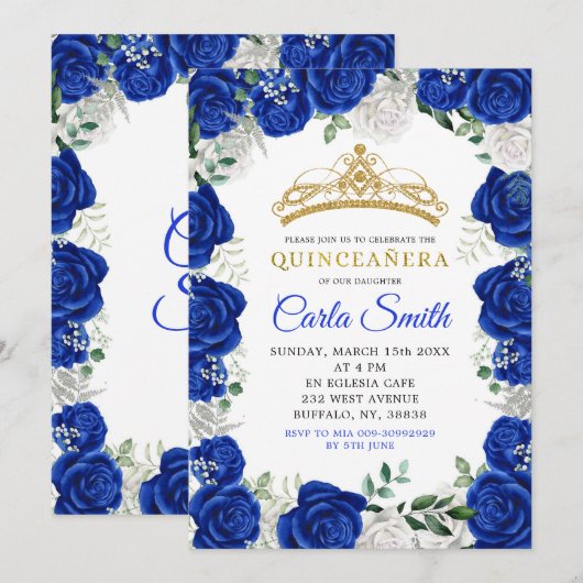 Silver en Royal Blue Rozen Quinceañera Uitnodiging (Voorkant / Achterkant)