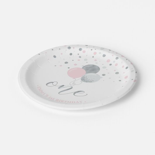 Silver- en Roze Confetti-ballonnen 1e verjaardag Papieren Bordje (Gekanteld)