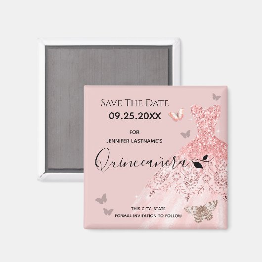 Silver en Roze dress Quinceanera bewaren de datum Magneet (Voorkant / Achterkant)
