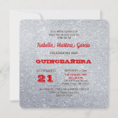 Silver en Ruby Red Sparkly Quinceañera Uitnodiging (Voorkant)