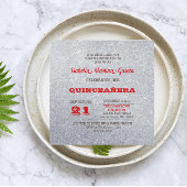 Silver en Ruby Red Sparkly Quinceañera Uitnodiging