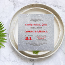 Silver en Ruby Red Sparkly Quinceañera Uitnodiging