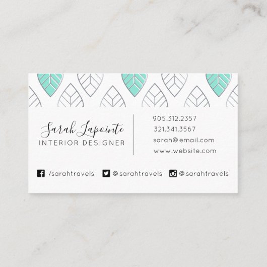 Silver- en Turquoise Chic- en modern Leaf-patroon Visitekaartje (Achterkant)