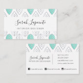 Silver- en Turquoise Chic- en modern Leaf-patroon Visitekaartje (Voorkant / Achterkant)