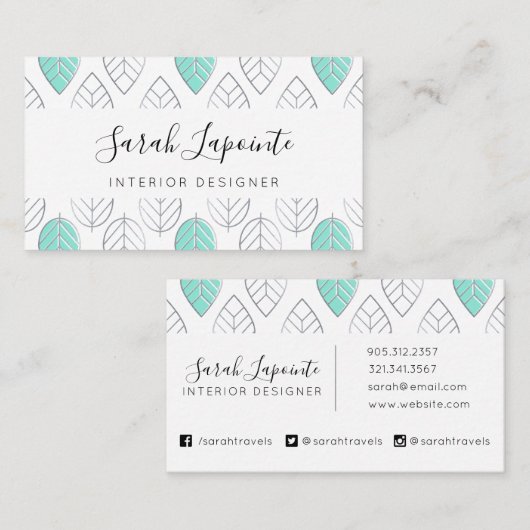 Silver- en Turquoise Chic- en modern Leaf-patroon Visitekaartje (Voorkant / Achterkant)