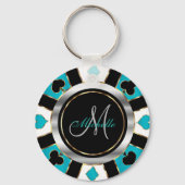 Silver en Turquoise Poker Chip Design - Monogram Sleutelhanger (Voorkant)