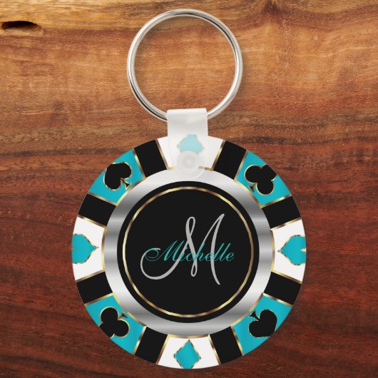Silver en Turquoise Poker Chip Design - Monogram Sleutelhanger (Achterkant)