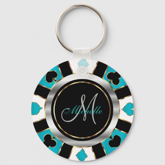 Silver en Turquoise Poker Chip Design - Monogram Sleutelhanger (Achterkant)