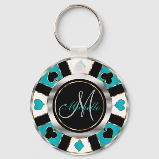 Silver en Turquoise Poker Chip Design - Monogram Sleutelhanger (Voorkant)