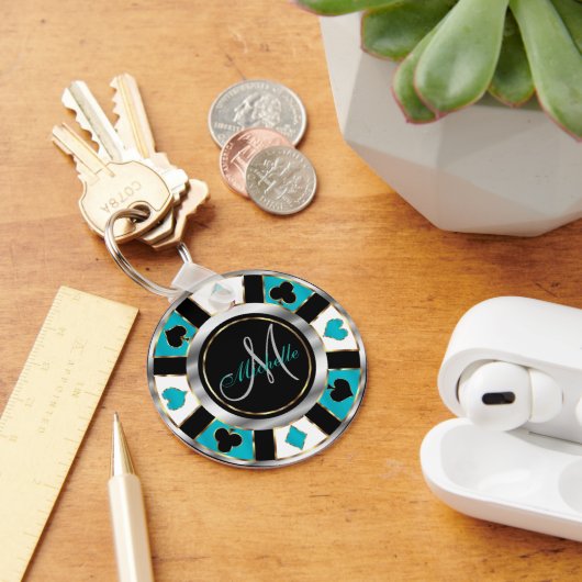 Silver en Turquoise Poker Chip Design - Monogram Sleutelhanger (Bureau)