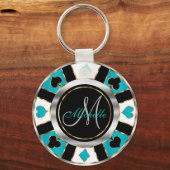 Silver en Turquoise Poker Chip Design - Monogram Sleutelhanger (Voorkant)