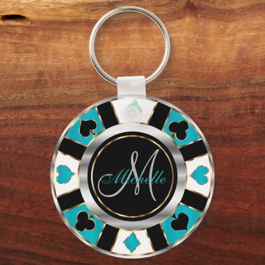 Silver en Turquoise Poker Chip Design - Monogram Sleutelhanger (Voorkant)