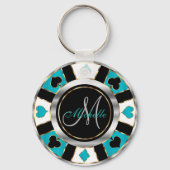 Silver en Turquoise Poker Chip Design - Monogram Sleutelhanger (Achterkant)