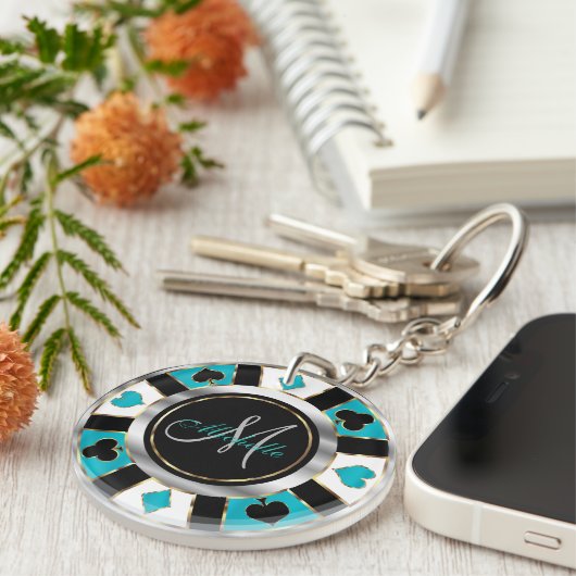 Silver en Turquoise Poker Chip Design - Monogram Sleutelhanger (Voorkant Rechts)