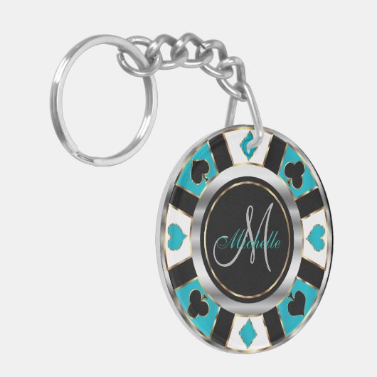 Silver en Turquoise Poker Chip Design - Monogram Sleutelhanger (Voorkant Links)