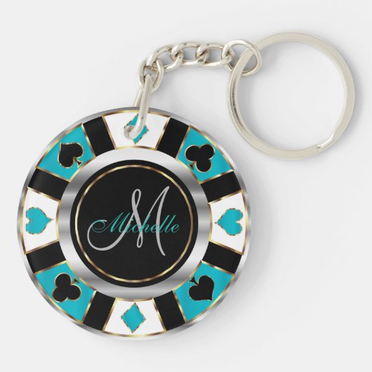 Silver en Turquoise Poker Chip Design - Monogram Sleutelhanger (Achterkant)