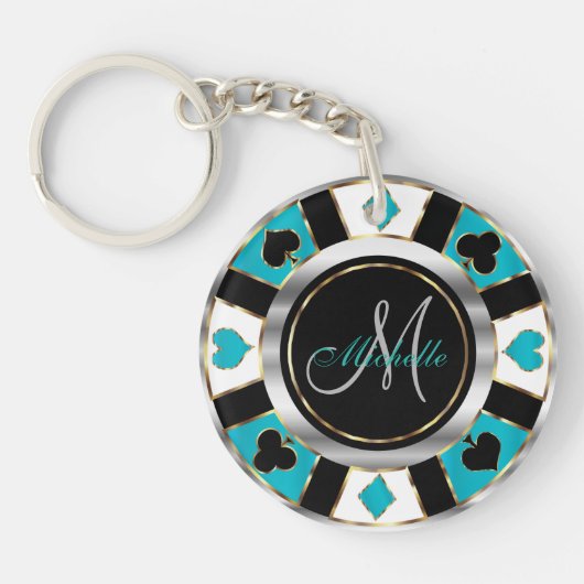 Silver en Turquoise Poker Chip Design - Monogram Sleutelhanger (Voorkant)