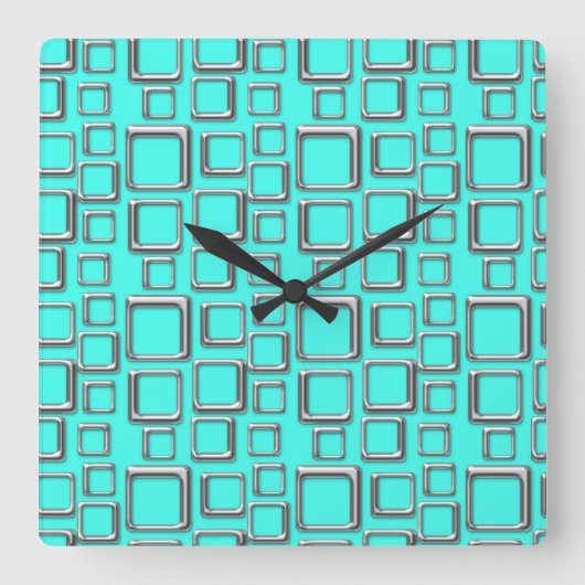 Silver en Turquoise Retro Pattern Square Clock Vierkante Klok (Voorkant)