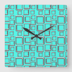Silver en Turquoise Retro Pattern Square Clock Vierkante Klok