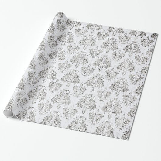 Silver en White Damask Cadeaupapier (Uitgerold)
