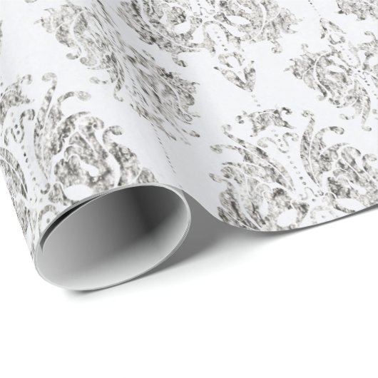 Silver en White Damask Cadeaupapier (Rol Hoek)