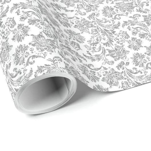 Silver en White  Floral Damaskers Cadeaupapier (Rol Hoek)