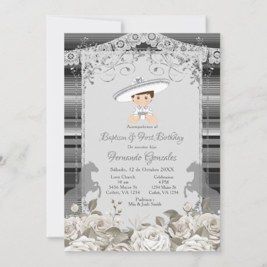 Silver en White Mexican Baptism & First Birthday Kaart (Voorkant)