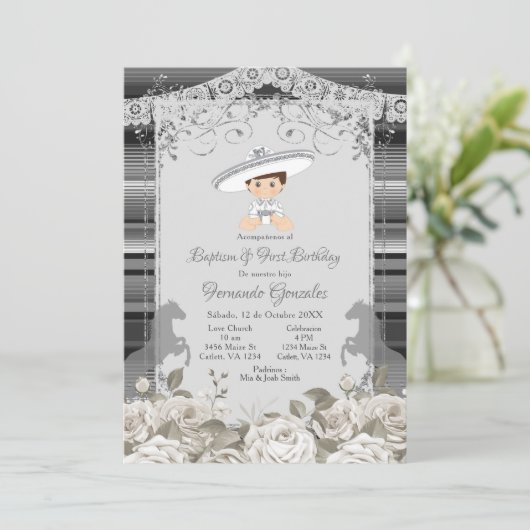 Silver en White Mexican Baptism & First Birthday Kaart (Staand voorkant)