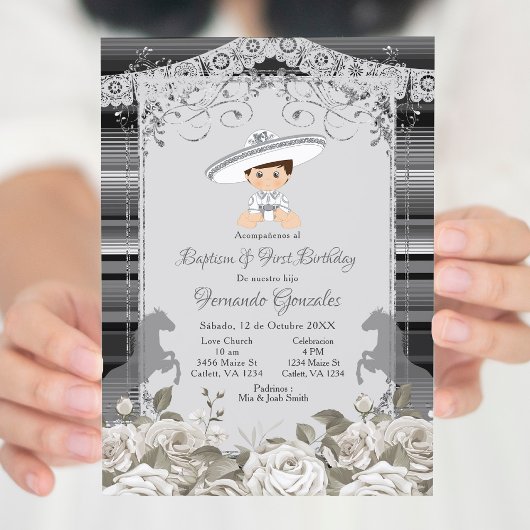 Silver en White Mexican Baptism & First Birthday Kaart