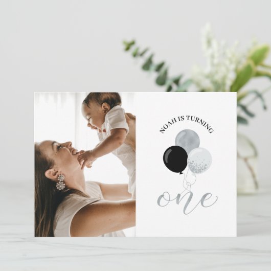 Silver- en zwarte ballonnen | Jongen 1e verjaardag Kaart (Staand voorkant)