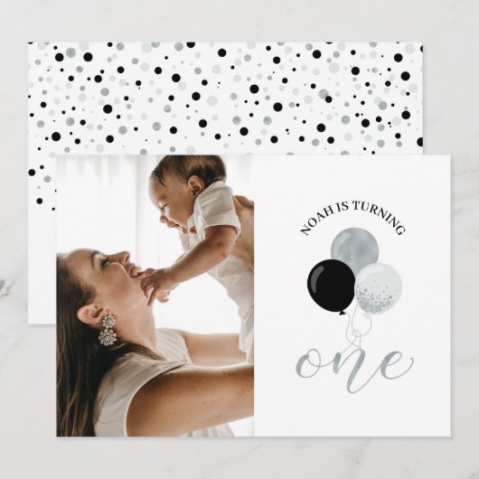 Silver- en zwarte ballonnen | Jongen 1e verjaardag Kaart (Voorkant / Achterkant)